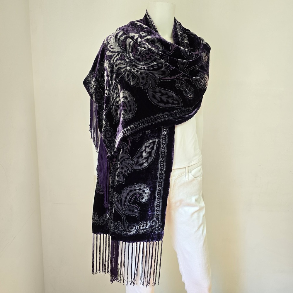 Charter Club Velvet Burnout Scarf Purple Boho Gypsy Fringe Paisley Floral Whimsy